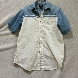 Blue and white denim button-up short sleeve shirt faded glory size medium